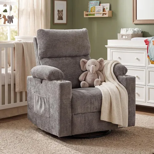 Vista 17 de Glider - Silla reclinable para guardería con reposabrazos ajustables, mecedora con masaje y calor, mecedora giratoria con reposacabezas ajustable