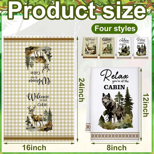 Vista 3 de Buryeah Juego de 4 toallas de cocina de cabaña de 23.6 x 16 pulgadas, diseño de oso de vida silvestre, ciervo, oso, decoración rústica, suave