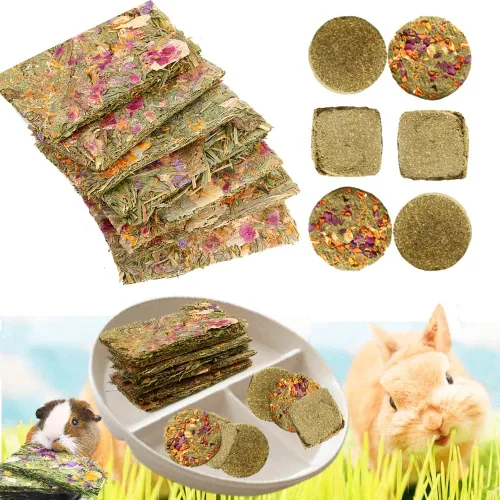 Vista 10 de Abizoo Golosinas naturales de conejo, 10 piezas de juguetes de heno Timothy Chips Bunny masticar juguetes con flores de hierbas conejillo de indias