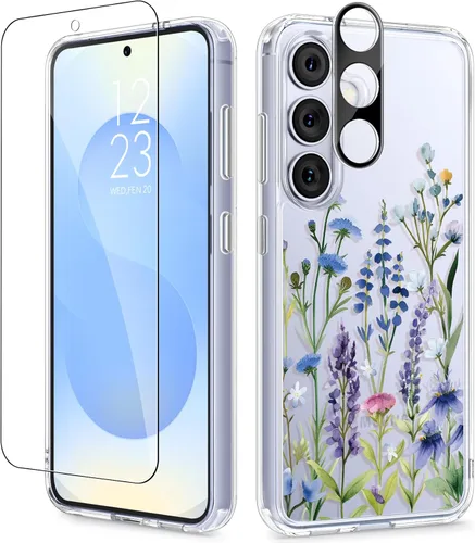 Vista 20 de GVIEWIN Funda protectora para Samsung Galaxy S25, transparente floral, delgada, a prueba de golpes, para mujer, no se pone amarilla, con protector