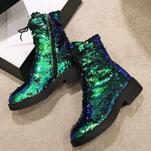 Vista 4 de FIFSY Botines de combate con purpurina y lentejuelas para mujer con tacones brillantes