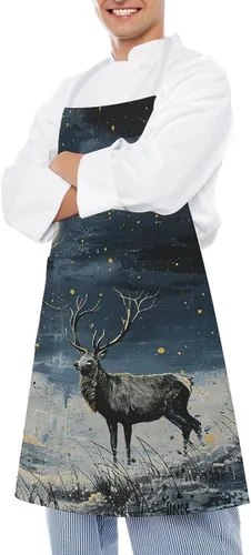 Vista 4 de MUSM Apron for Adults - 27.6 X 31.5 Inch, Heavy-Duty Polyester Aprons with Two Large Pockets, Waterproof Painting Under Moonlight Kitchen Apron for
