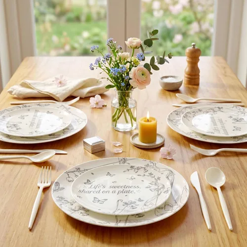 Vista 5 de EI - Juego de 60 platos de plástico color crema, cena de 10.25 pulgadas y platos florales de postre de 7.5 pulgadas, elegantes platos de plástico