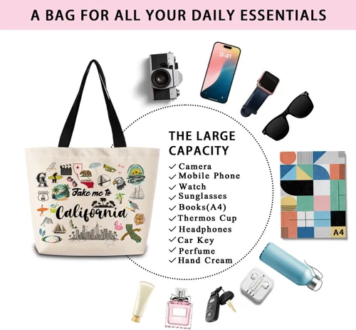 Vista 7 de Take Me To California - Bolsa reutilizable para comestibles, bolsa de compras estética con bolsillo interior, ligera y lavable, elegante, regalo