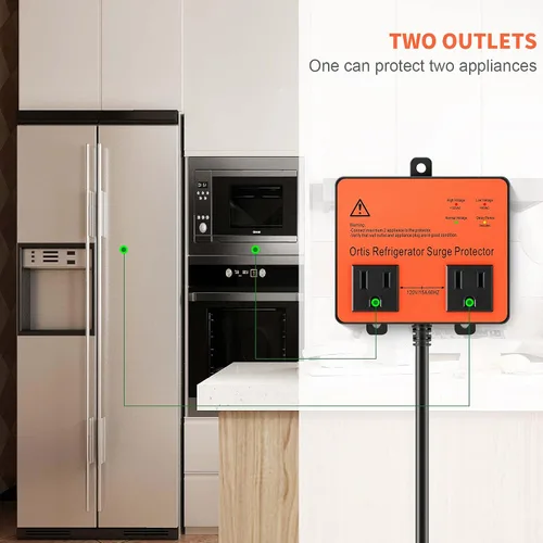 Vista 3 de Protector de sobretensiones para refrigerador, Ortis Protector de voltaje de doble salida para electrodomésticos con retraso de tiempo, protege