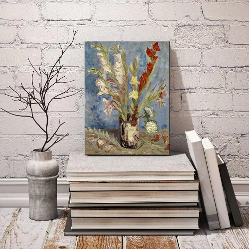 Vista 9 de Wieco Art Jarrón con gladiolos y asteres de China por Van Gogh Famosas pinturas al óleo Reproducción de pinturas al óleo modernas florales Giclée