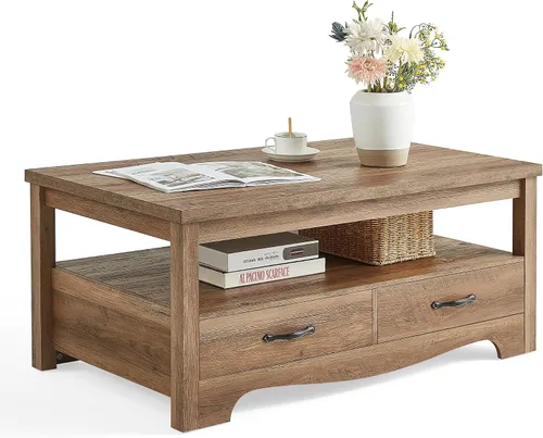 Vista 10 de LINSY HOME Mesa de centro de granja con almacenamiento, mesa de centro de madera para sala de estar, área de exhibición abierta y cajones