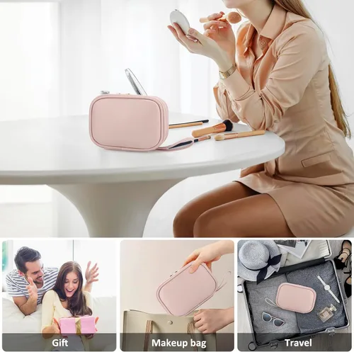 Vista 7 de E-Tree Bolsa de maquillaje de piel sintética para mujer, organizador de cosméticos de viaje con doble cremallera, bolsa de aseo pequeña impermeable