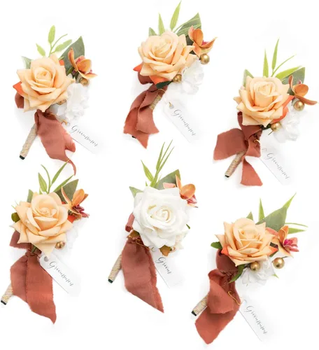 Vista 19 de Ling's Moment Boutonniere para Hombres Boda, Juego de 6, Novio y Padrinos Boutonniere para Boda Regreso a Casa Halloween Ceremonia Aniversario, Cena