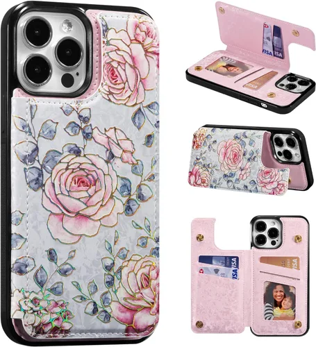 Vista 29 de UEEBAI Funda tipo cartera para iPhone 13 con tarjeteros, piel sintética, diseño floral, función atril, bloqueo RFID, doble cierre magnético, funda