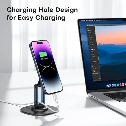 Vista 8 de OMOTON Soporte de Teléfono Magnético Giratório de 360° para Escritorio, Ajustable y Plegable de Aluminio para Soporte de Celular MagSafe con Base
