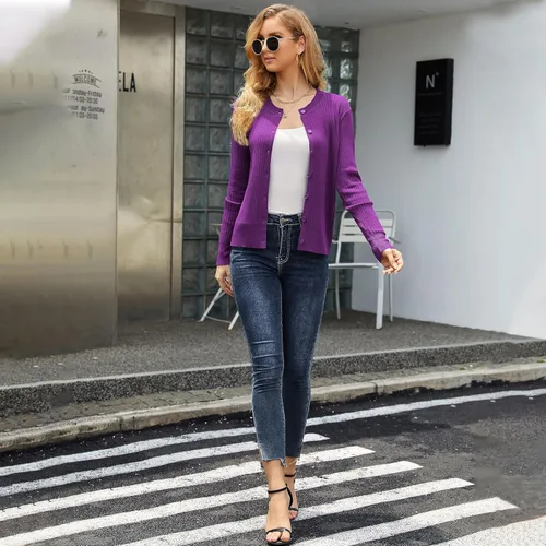 Vista 3 de Women's Crew Neck Long Sleeve Button Down Lightweight Open Front Knit Cardigan Sweater