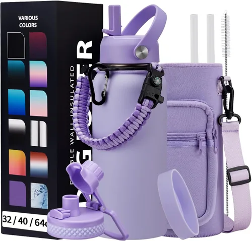 Vista 39 de Botella de agua aislada de 1 galón, con popote y tapa de pico automático, mango de paracord, funda para botella, botella de agua de acero inoxidable