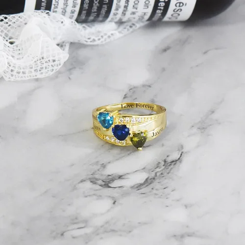 Vista 4 de Anillos de piedra natal personalizados para madre, oro real de 10 quilates, 14 quilates, 18 quilates, con nombre personalizado con piedra natal de 2