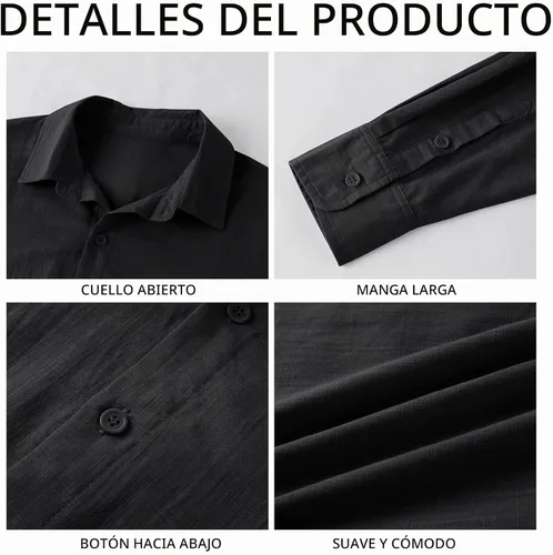 Vista 5 de Runcati Mens Button Down Shirt Linen Cotton Shirts Casual Long Sleeve Tops 01 Negro