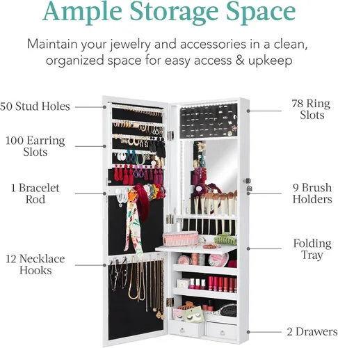 Vista 4 de Best Choice Products Armario de joyería con espejo colgante de longitud completa, organizador de almacenamiento de maquillaje, montaje en pared