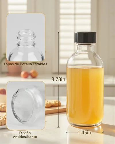 Vista 2 de Botellas de vidrio transparente de 2 onzas con tapas, paquete de 12 Recipiente de vidrio transparente de 2 fl oz, a prueba de fugas