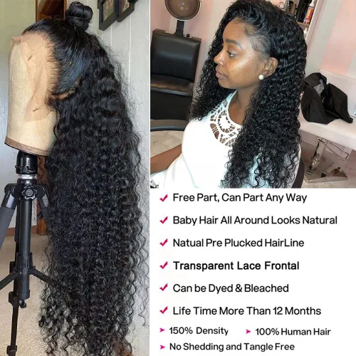 Vista 3 de Peluca de cabello humano con malla frontal sin pegamento, con ondulado profundo y textura húmeda, encaje frontal transparente, premarcadas