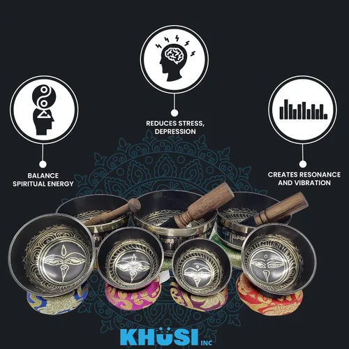 Vista 6 de KHUSI - Juego de 7 cuencos tibetanos, Thadobati, hechos a mano, con mantra grabado para yoga, curación de chakras, relajación, alivio del estrés