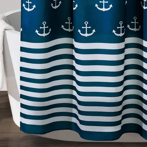 Vista 4 de Lush Decor Cortina de ducha, accesorios de baño con temática de playa (azul marino, estampado de ancla) 72 x 72 pulgadas