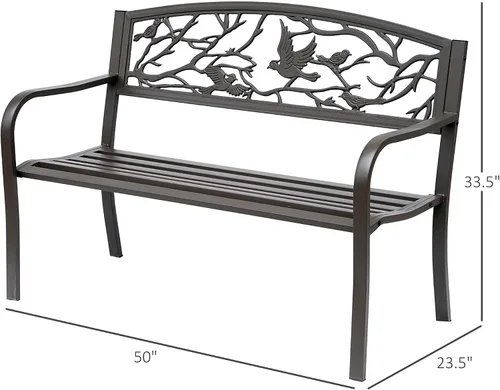 Vista 3 de Outsunny Banco de jardín de 50 pulgadas, banco de patio al aire libre con patrón de animales, banco de metal de acero fundido para patio, césped