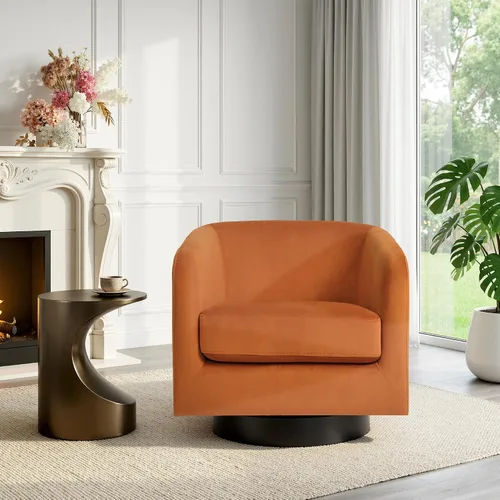 Vista 15 de Silla Giratoria de Acento de Cuero Sintético con Base de Madera, Sillas de Barril Tapizadas Modernas para Sala de Estar, Cómodo Sillón Redondo Sofá