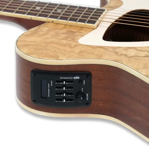 Vista 6 de Guitarra eléctrica acústica de 39 pulgadas, cuerpo delgado, afinador incorporado, cuerpo de acabado natural brillante de madera de fresno