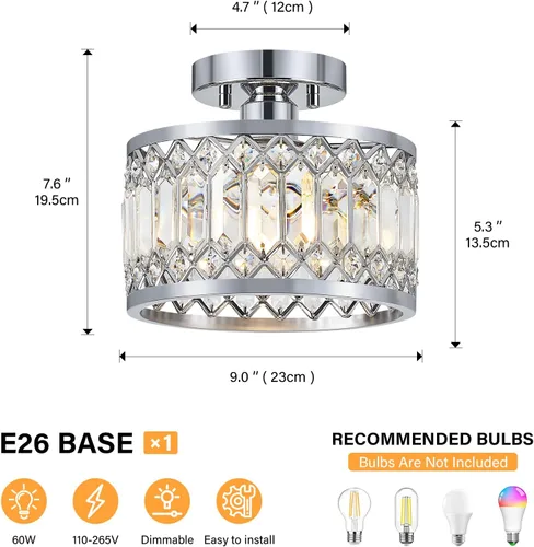 Vista 4 de YURNYQ - Lámpara de techo de cristal cromado, 1 luz, 9.05 pulgadas Modern Semi Flush Mount Ceiling Light, Hallway Lighting Fixtures Ceiling Lamp