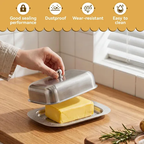 Vista 4 de Mantequillera con tapa, recipiente de mantequilla de acero inoxidable para mantequilla y queso, caja de almacenamiento de mantequilla con asa
