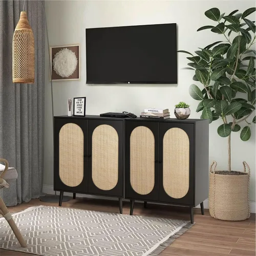 Vista 3 de Aparador de buffet, armario de almacenamiento de cocina con puertas decoradas de ratán, mesa de consola de 4 puertas, armarios de buffet