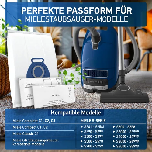 Vista 4 de Paquete de 10 bolsas de aspiradora 3D Airclean GN compatibles con aspiradora de recipiente Miele Classic C1, Complete C1, Complete C2, Complete C3