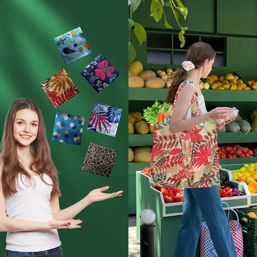 Vista 6 de Paquete de 6 bolsas de comestibles reutilizables resistentes con asas, bolsas de compras reutilizables para mujeres, plegables, lavables