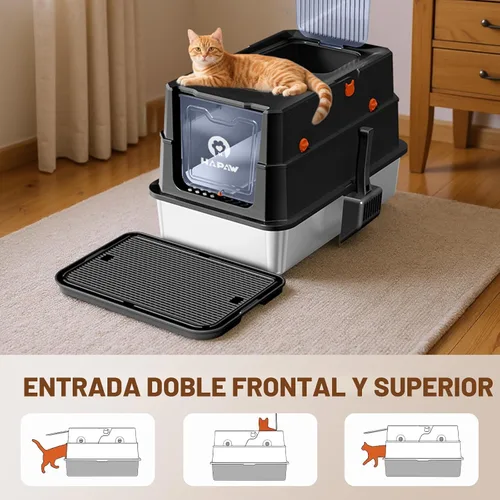 Vista 7 de Caja de arena de acero inoxidable con tapa, caja de arena metálica cerrada anti-fugas, bandeja de arena para gatos extra grande con tapa abatible