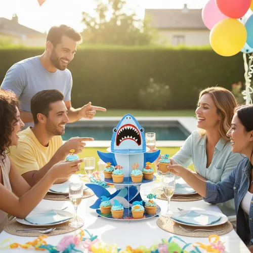 Vista 6 de Zopeal Soporte de 3 niveles para cupcakes con temática de tiburón, tiburón
