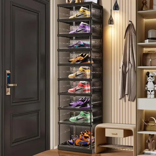 Vista 17 de CIMLORD Estante de zapatos plegable de 3 niveles para armario y entrada, 3-6 pares, cajas de almacenamiento de zapatos apilables transparentes