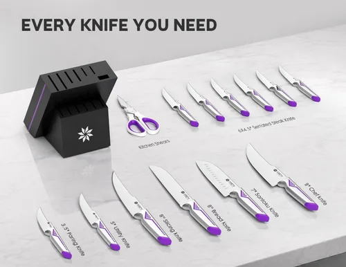 Vista 5 de ASETY Kitchen Knife Set, 15 PCS One-Piece Stainless Steel Knife Block Set Razor-Sharp Kitchen Knives, Ergonomic Non-Slip Handle for Kitchen