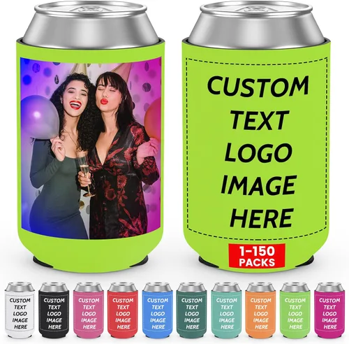 Vista 20 de Valyria Fundas enfriadoras de latas personalizadas, 1 unidad, plegable, aislante, soporte para bebidas con logotipo, imagen, texto para aniversario