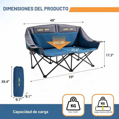 Vista 3 de Unisakey Silla de campamento doble, sofá biplaza acolchado de gran tamaño, silla plegable resistente de 650 libras con portavasos y bolsa de Azul