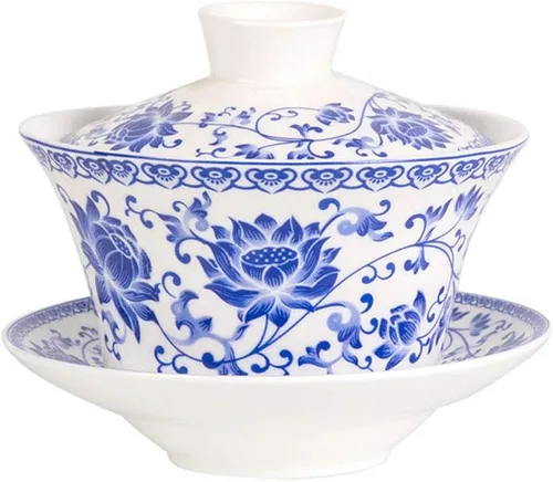 Vista 15 de Liang baobao Juego de Té Tradicional Gaiwan con Tapa y Platillo Taza de Té Gongfu de Porcelana Diseño Azul de Loto Tazas de 200ml