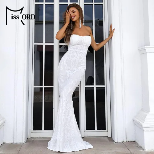 Vista 7 de Miss ord - Vestido sexy para brasier sin tirantes, largo de lentejuelas, para boda, fiesta de noche