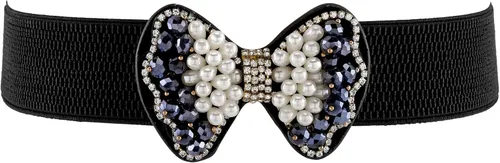 Vista 4 de Ayliss Cinturón elástico para mujer, con perlas de cristal, estilo vintage, elástico, para vestir, cintura ancha