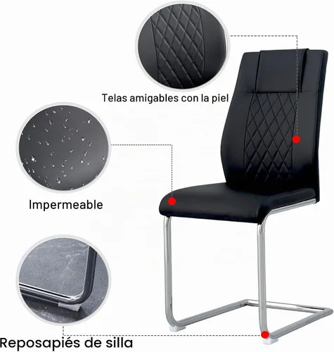 Vista 8 de Juego de mesa de comedor para 4, juego de mesa de cocina rectangular de MDF blanco con sillas de comedor de cuero, juego de 4, juego de mesa
