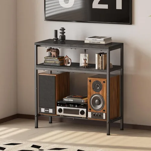 Vista 5 de Homeiju Mesa de entrada con almacenamiento, mesa consola de 3 niveles de 31.5 pulgadas de ancho, mesa de sofá industrial con estantes abiertos Negro