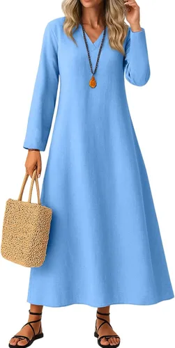 Vista 8 de Vestido de lino de algodón para mujer, de manga larga, holgado, ligero, básico, con cuello en V, vestido largo y modesto