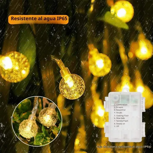 Vista 5 de Cadena de luces de globo a pilas, resistente al agua, 80 luces LED de 33 ft de 8 modos con control remoto, luces LED para interiores y exteriores