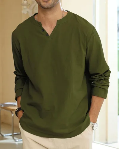Vista 6 de Angbater Camiseta casual de lino Henley de manga corta para hombre, camiseta hippie de playa, camiseta ligera tropical para verano