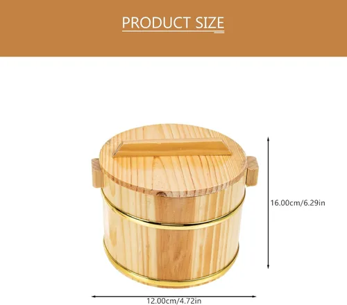 Vista 9 de SHOWERORO Cubo de arroz de madera con tapa, 6.3 x 4.7 x 4.3 pulgadas, cuenco de arroz para sushi estilo japonés y bañera mezcladora Bibimbap plato