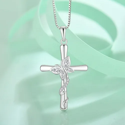 Vista 3 de Blaniy Collar de cruz para mujer, plata de ley 925, collar de mariposa, piedra natal, colgante de piedras preciosas creadas, regalos para mujeres