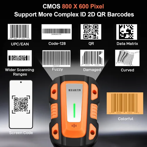 Vista 5 de KUIIYER Escáner de código de barras industrial 1D QR 2D con base de carga mejorada, escáneres de código de barras profesionales inalámbricos