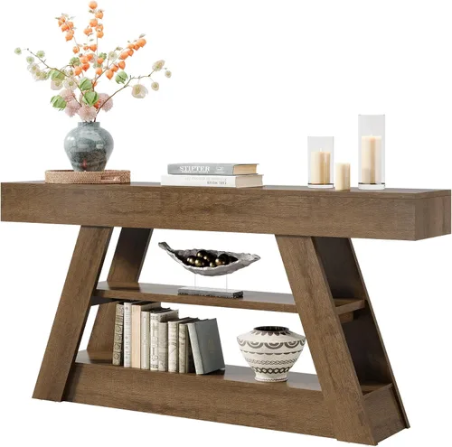 Vista 9 de Tribesigns Mesa consola de madera de 63 pulgadas con estantes de almacenamiento, mesa de sofá de entrada larga rústica detrás del sofá para sala